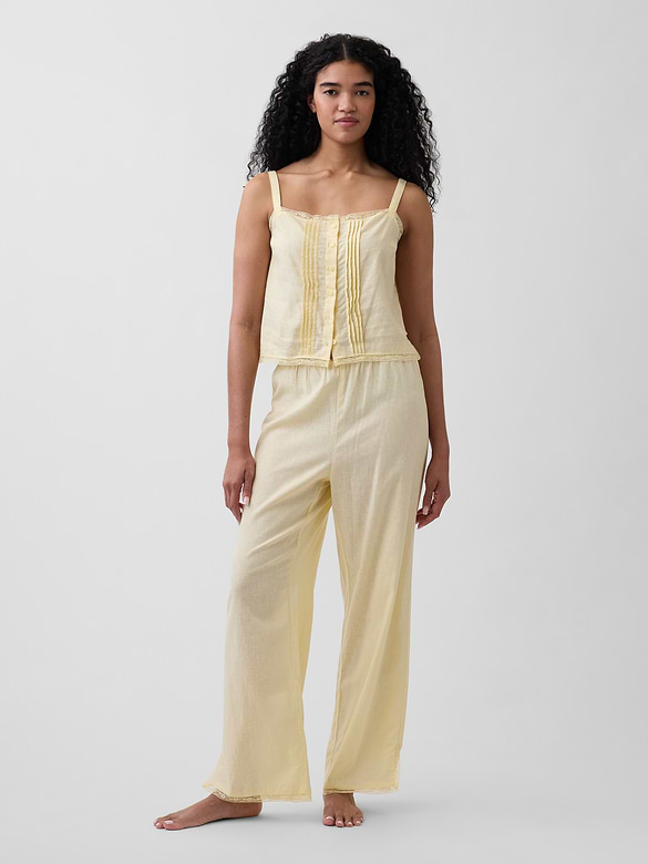 Linen-Blend Lace-Hem PJ Pants