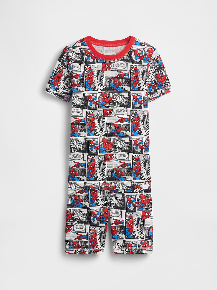 Image 1 of 3, Our comfiest PJs—now softer than ever. Cozy brushed cotton on the inside. All their favorite prints & colors on the outside., Soft cotton jersey pajama T-shirt and short PJ set with a cozy brushed interior., Crewneck., Short sleeves., Elasticized waist at PJ shorts., Allover Spider-Man comic print., Made with 100% organically grown cotton which is grown without the use of synthetic pesticides and fertilizers., This product was made in a factory that invests in gender equity and women’s empowerment through RISE. Learn more at gapinc.com/equity ., Product #898340