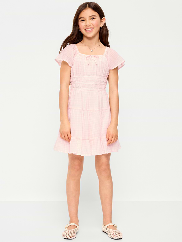 Robe en gaze froissée ajustée et évasée à volants pour fille
