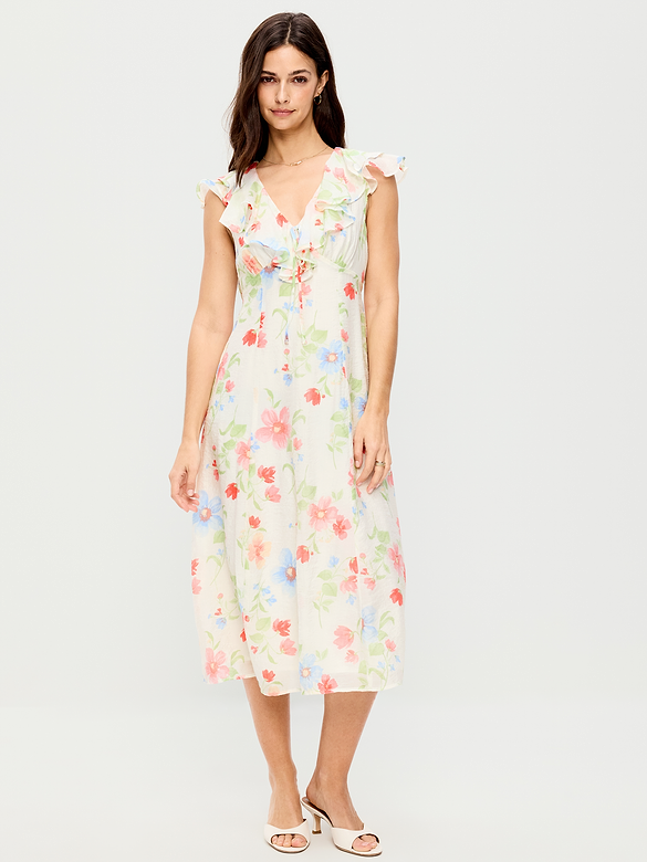 Ruffle-Sleeve Fit & Flare Midi Dress