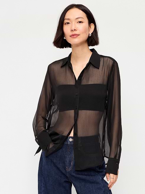 chiffon button down shirt dress Old Navy Women's Sheer Button-Down - Black Rendered in crisp White Color:Cocoa Polka Dots springfinalsale Venus Paisley Boho Dress