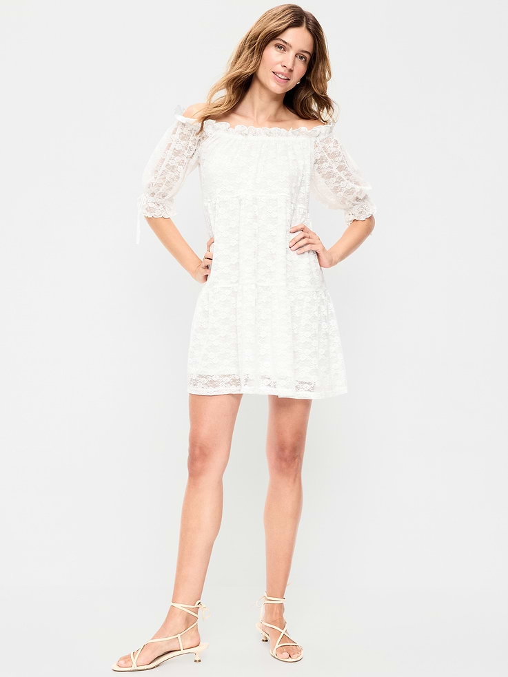 Image number 1 showing, Off-The-Shoulder Lace Mini Dress
