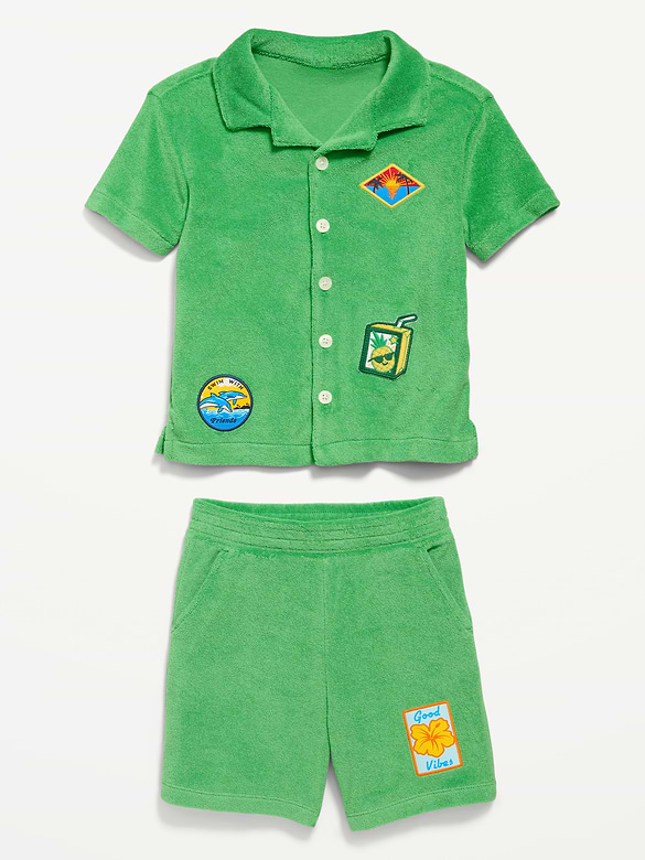 Ensemble avec chemise à manches courtes brodée et short en jersey bouclette pour tout-petit