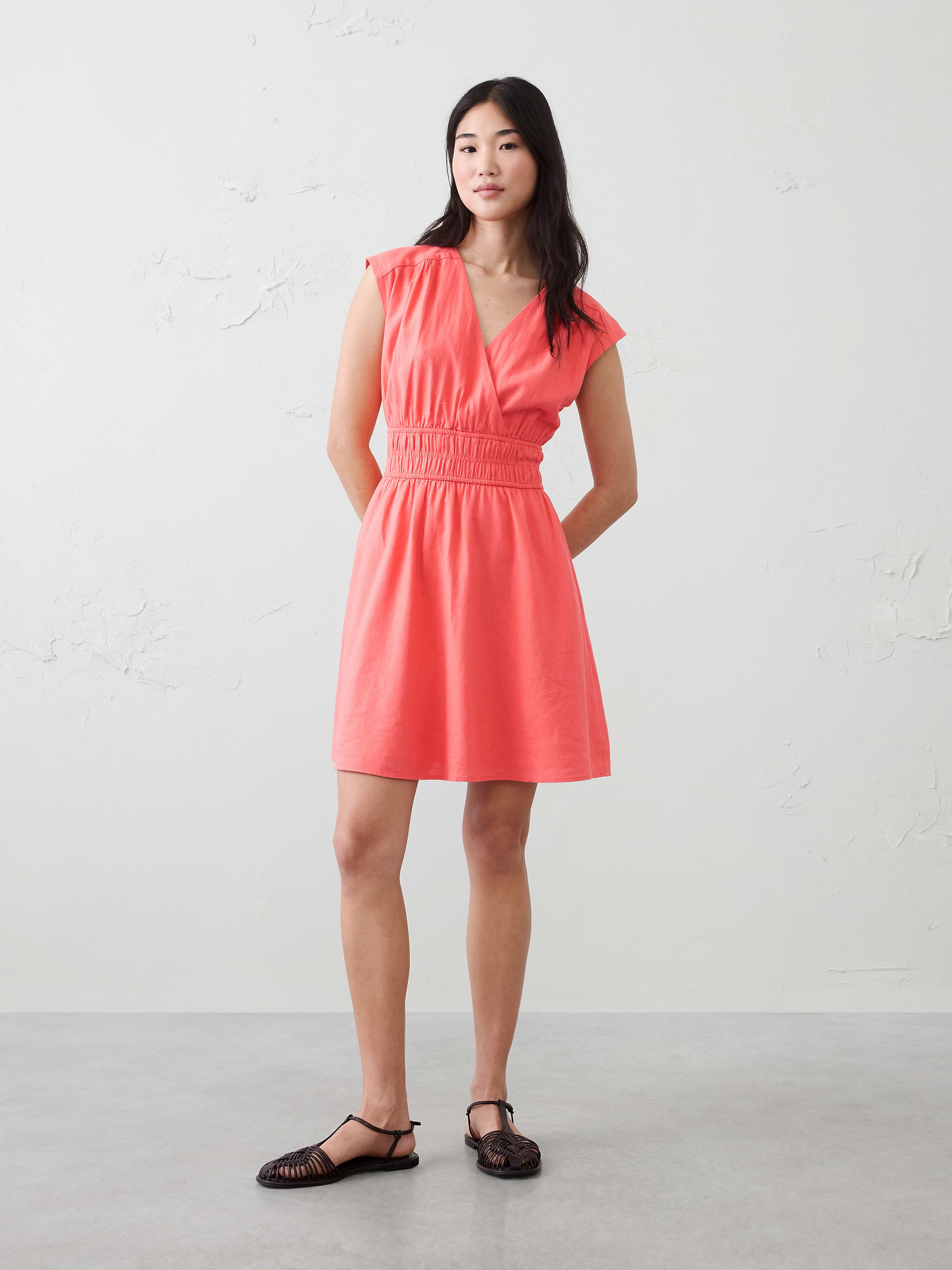 Image number 1 showing, Linen-Blend Smocked-Waist Mini Dress