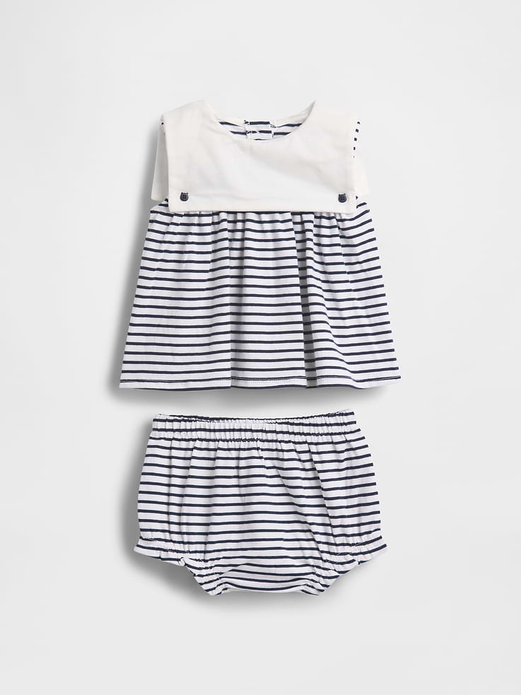 Image 1 of 4, Soft cotton jersey top and bloomers baby outfit set., Sailor-style collar with Brannan Bear buttons at front., Sleeveless., Full button placket at back., Elasticized waist and leg openings with ruffle trim at diaper cover., Allover stripes., Made with 100% organically grown cotton which is grown without the use of synthetic pesticides and fertilizers., This product was made in a factory that invests in gender equity and women’s empowerment through RISE. Learn more at gapinc.com/equity ., Product #898657