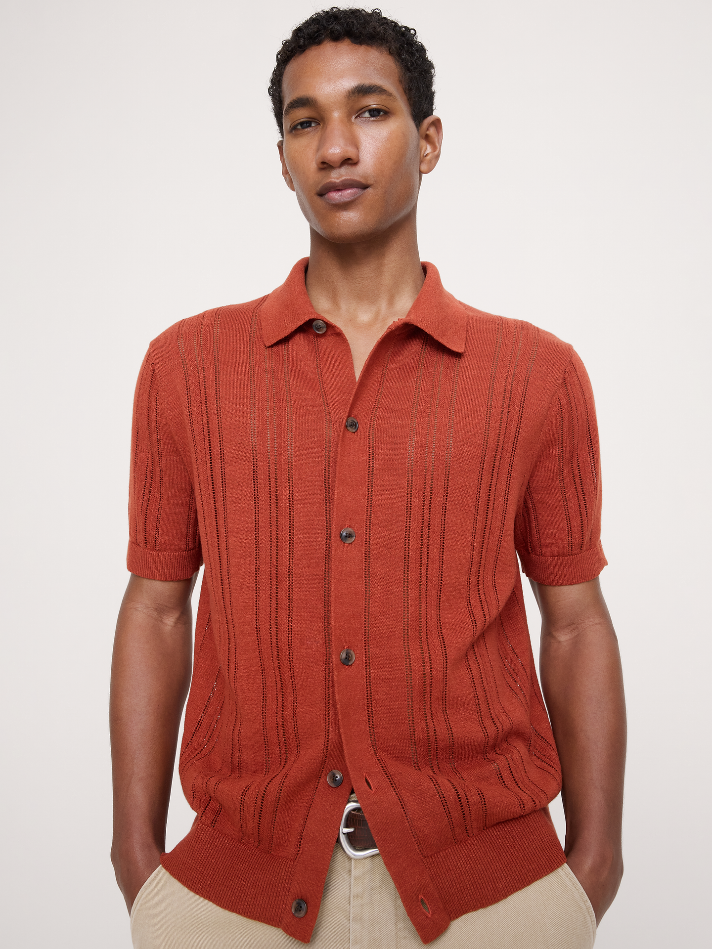 Image number 1 showing, Linen-Cotton Textured Polo Cardigan