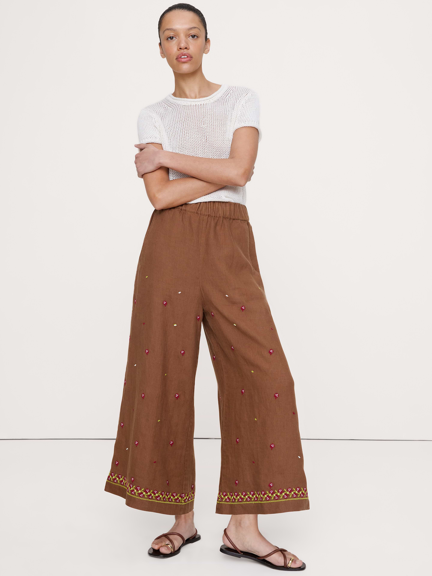 Image number 1 showing, The Pull-On Wide-Leg Ankle Pant in Embroidered Linen