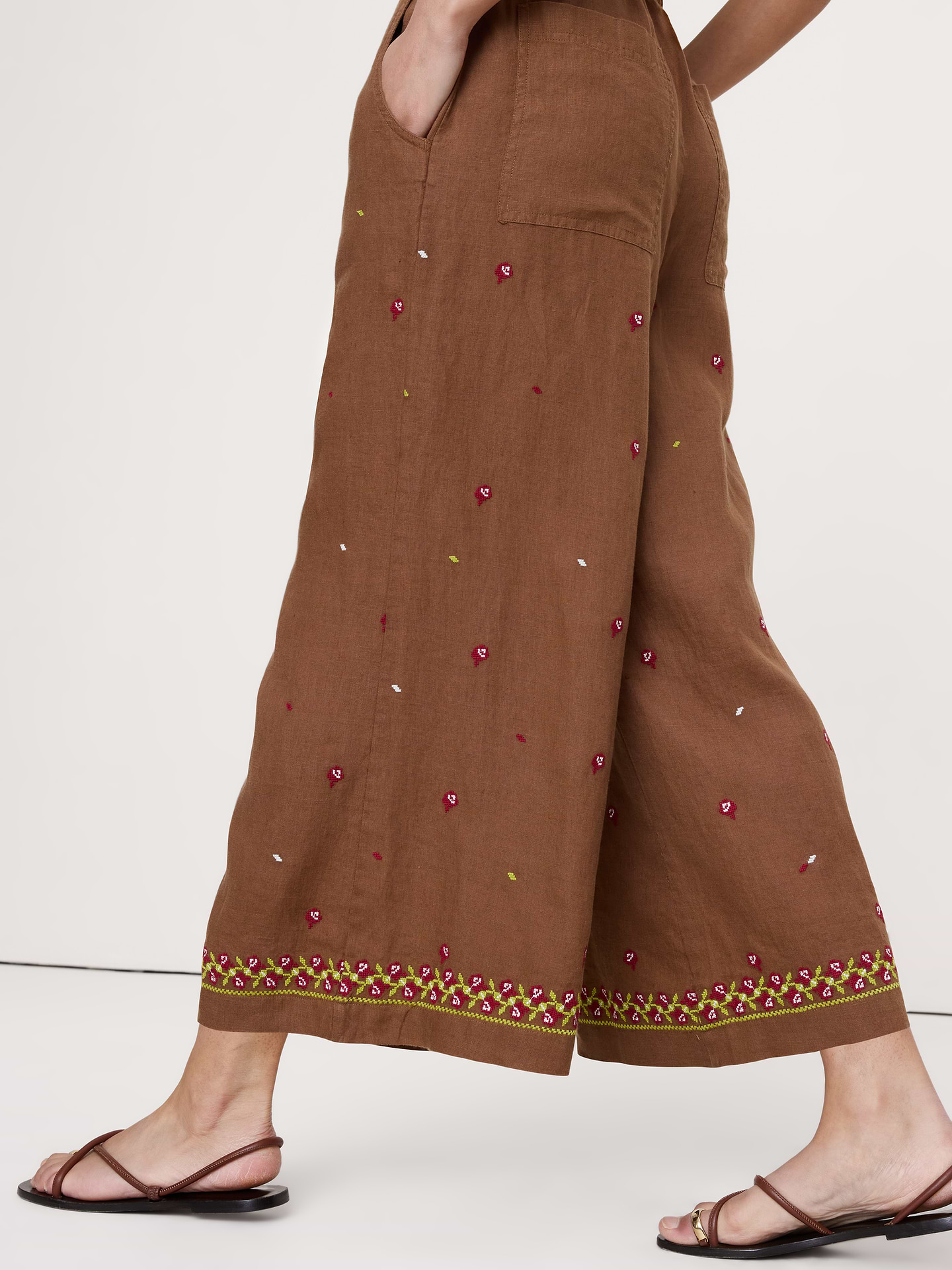 Image number 4 showing, The Pull-On Wide-Leg Ankle Pant in Embroidered Linen