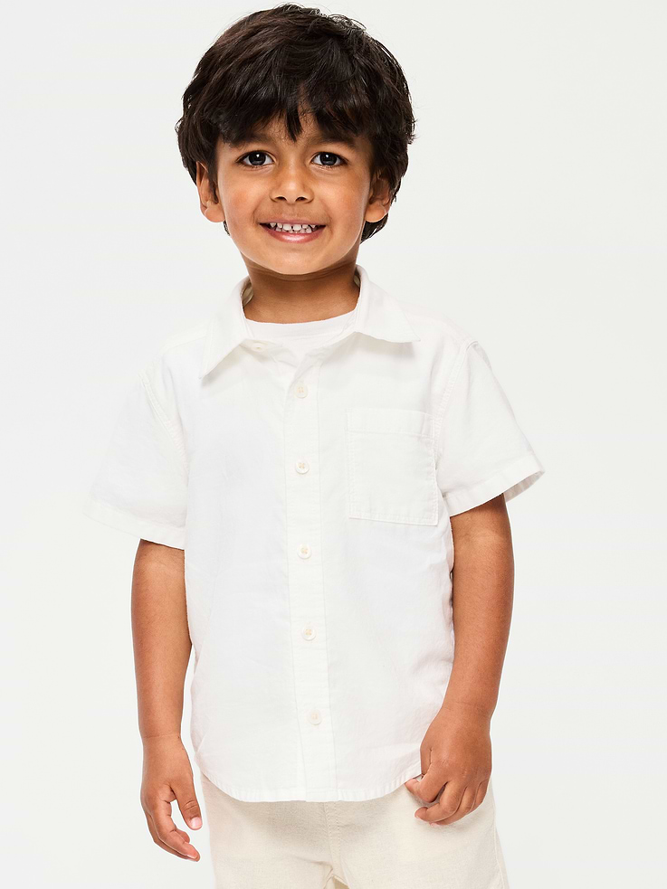 Image 1 of 3, spread collar, short sleeves, patch pocket, full length buttoned placket, Product #885152