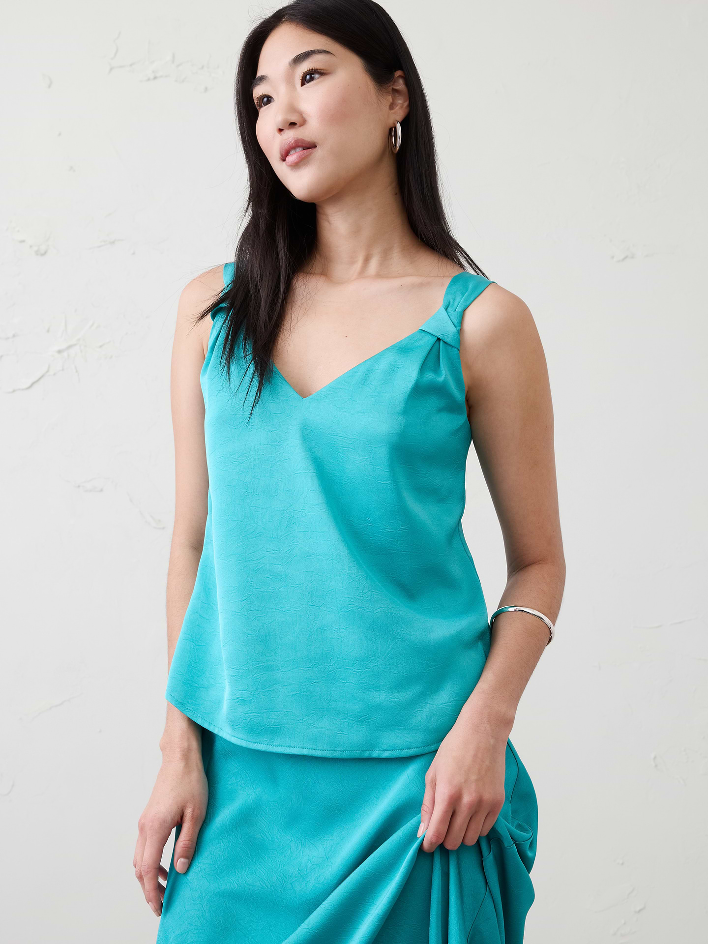 Image 1 of 4, SUSTAINABILITY: Made with 100% recycled polyester., V-neck. Sleeveless., Wide knotted straps., Straight hem., Fully lined., Made exclusively for Banana Republic Factory., Product #872434