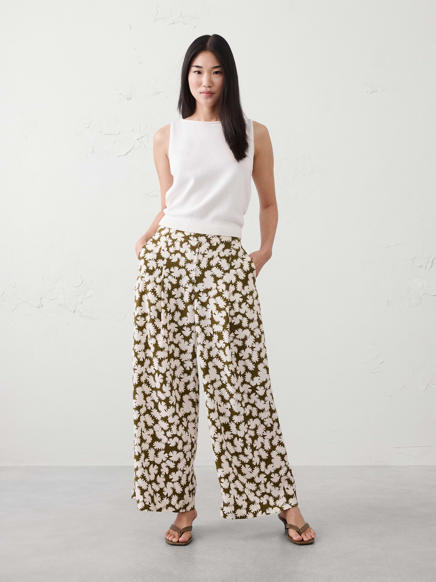 Image number 1 showing, Wide-Leg Mid-Rise Pleated Pull-On Pant