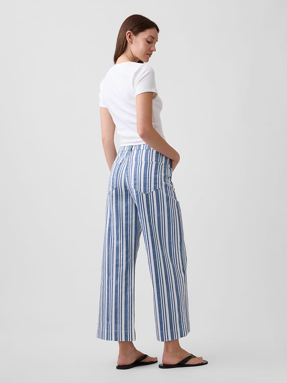 High Rise Stripe Wide-Leg Crop Jeans