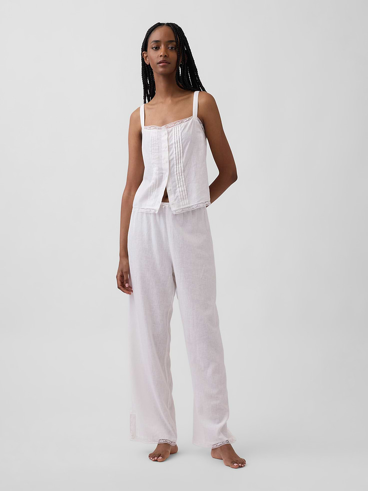 Image 2 of 5, Linen-Blend Pintuck Crop PJ Tank Top