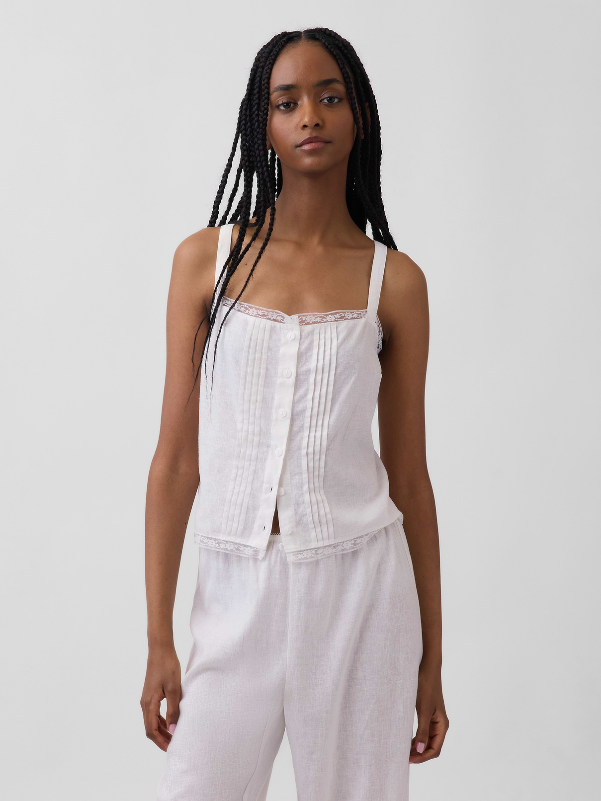 Linen-Blend Pintuck Crop PJ Tank Top