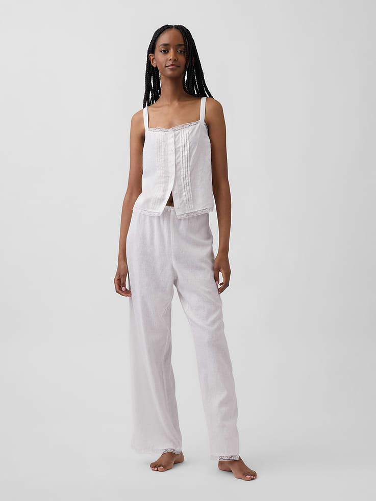 Image number 1 showing, Linen-Blend Lace-Hem PJ Pants