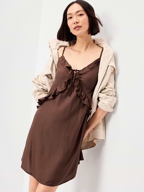 old navy brown ruffle dress Ruffle-Trim Asymmetrical Mini neck short elasticized puff
