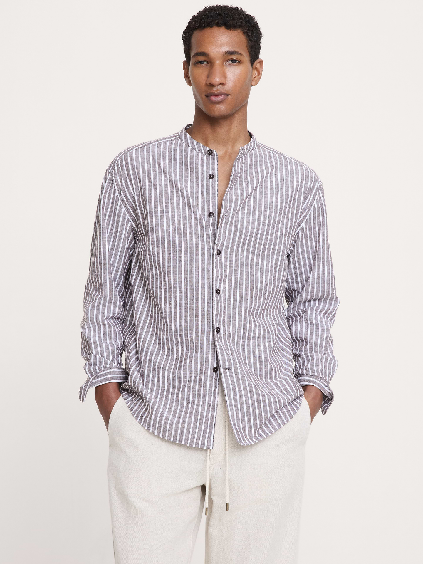 Image 1 of 1, Made from a 100% cotton fabric with a vintage-leaning slub texture. We kept the silhouette of this long-sleeve shirt relaxed and opted for a banded collar., Relaxed Fit: A straight & roomy fit with dropped shoulder seams., Banded collar with button front., Shirttail hem., Product #846496
