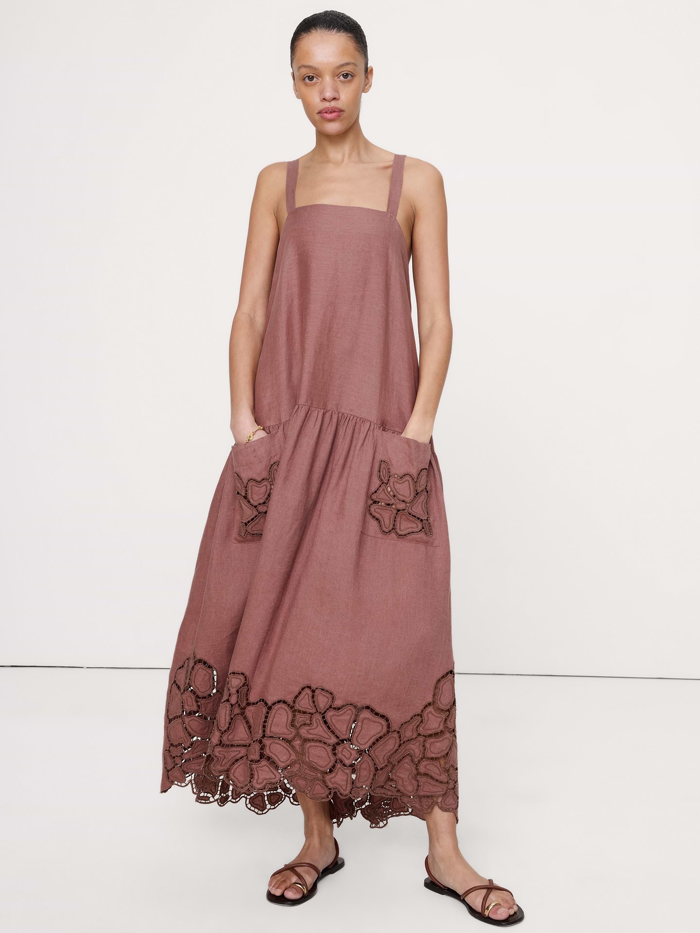 Image number 1 showing, Embroidered Linen Drop-Waist Maxi Dress