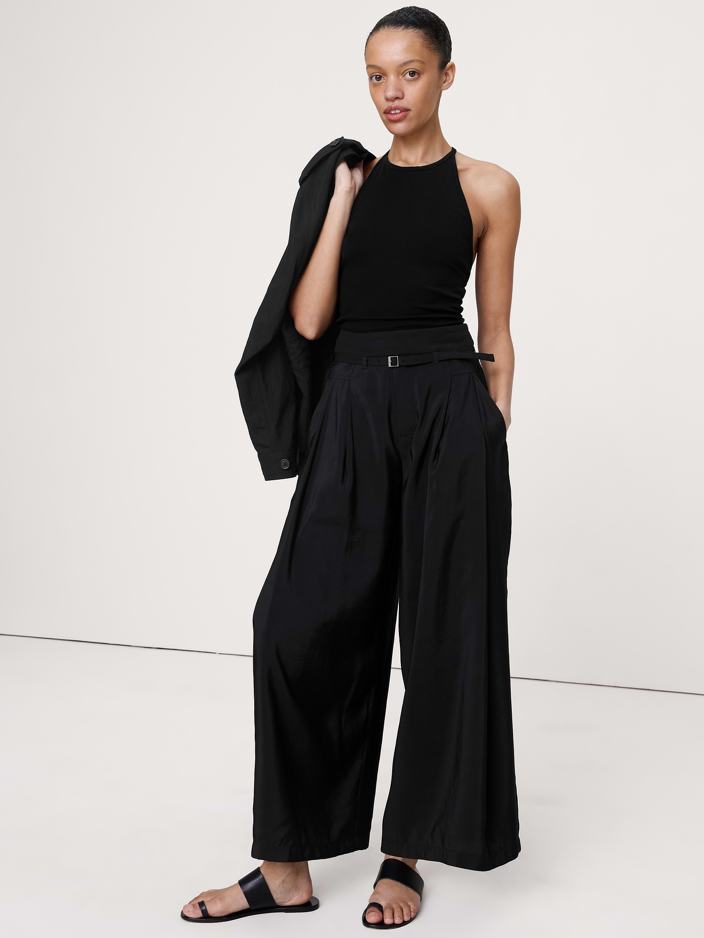 Image number 1 showing, Pleated Wide-Leg Cropped Pant in Luster Twill
