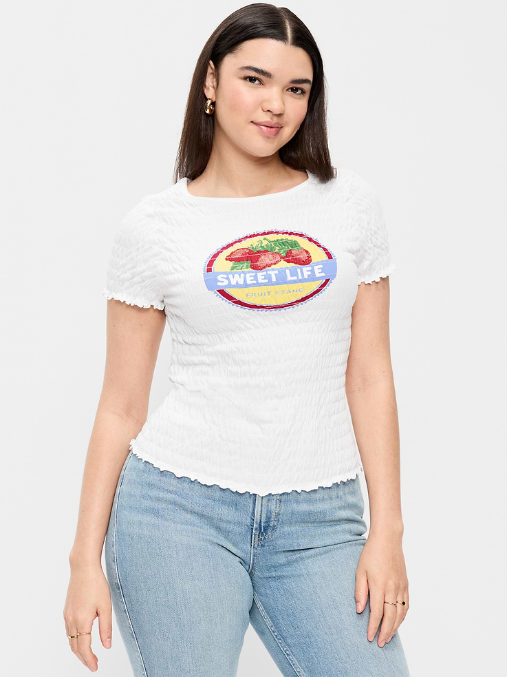 Image number 6 showing, Slit-Neck Smocked Graphic Top