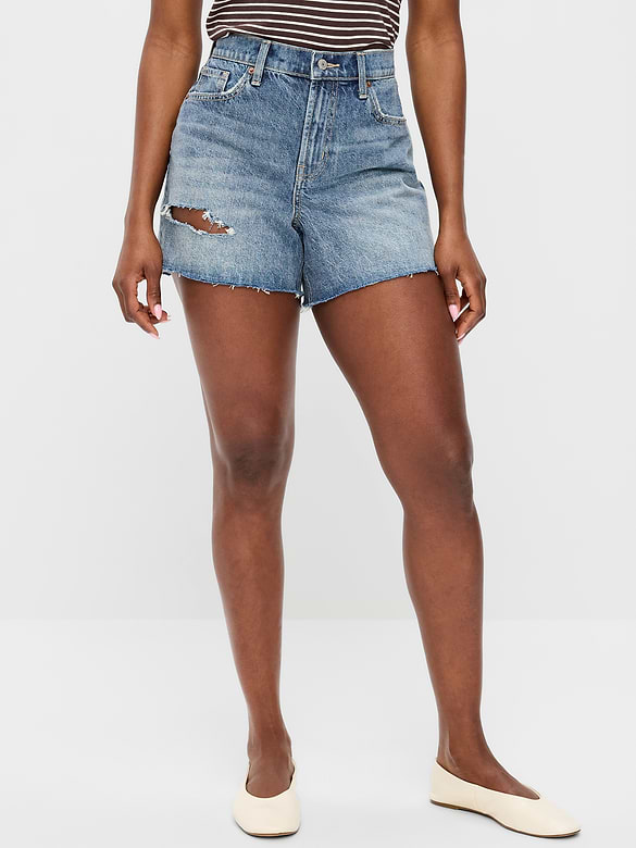 Curvy High-Waisted Baggy Jean Cut-Off Shorts -- 5-inch inseam