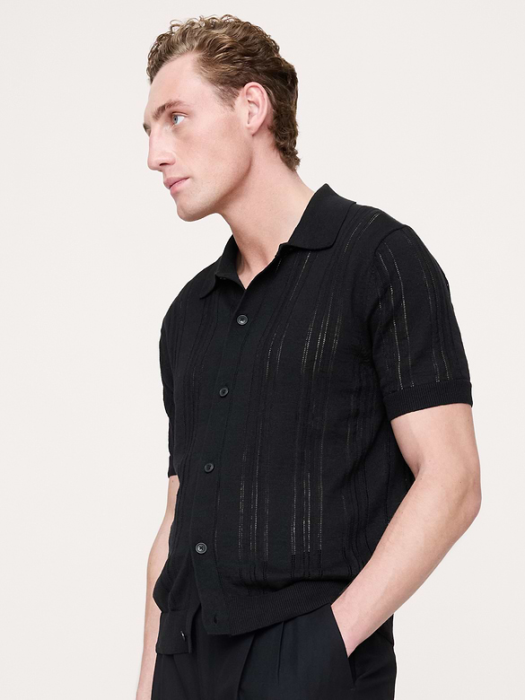 Cardigan à col polo en pointelle de lin et coton