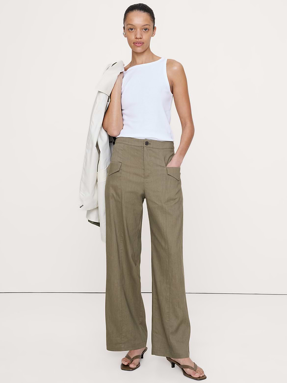 High-Rise Straight Utility Pant in Stretch Linen-Viscose
