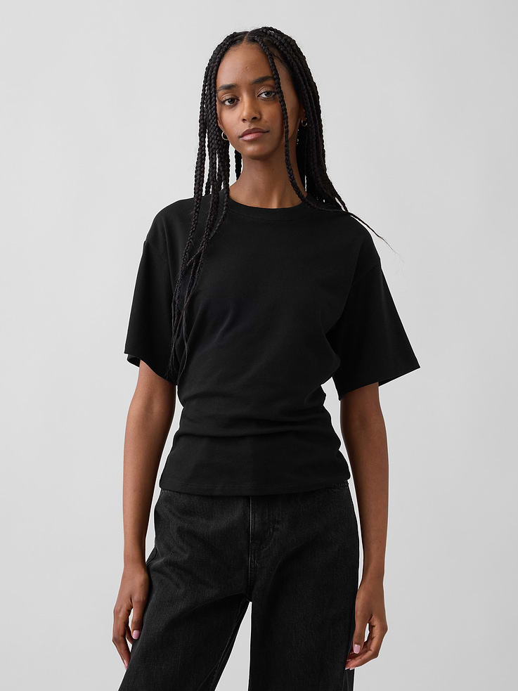 Image 1 of 5, Soft, heavyweight knit cotton T-shirt. In a slightly cropped fit., Crewneck., Elbow sleeves with drop shoulders., Fitted waist., Vertical back seam., Explore our GapTees Guide ., Product #896460