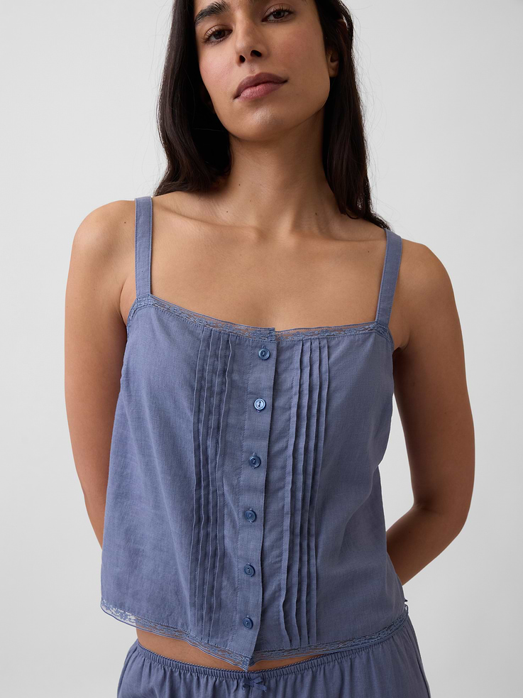 Image number 4 showing, Linen-Blend Pintuck Crop PJ Tank Top