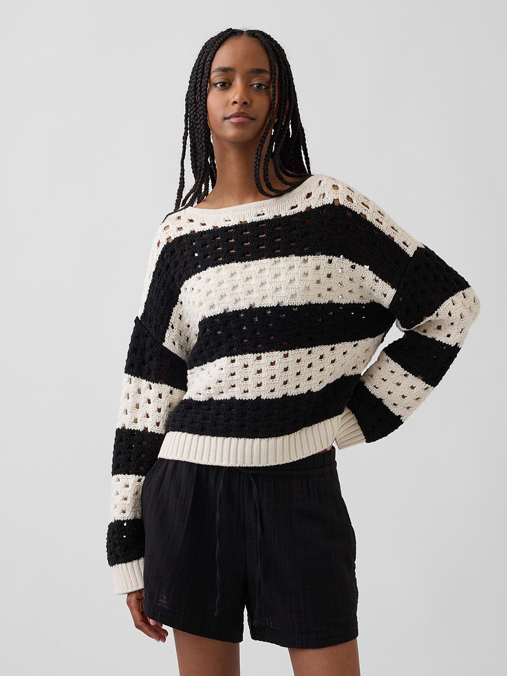 Image number 1 showing, 100% Cotton Crochet Boatneck Sweater