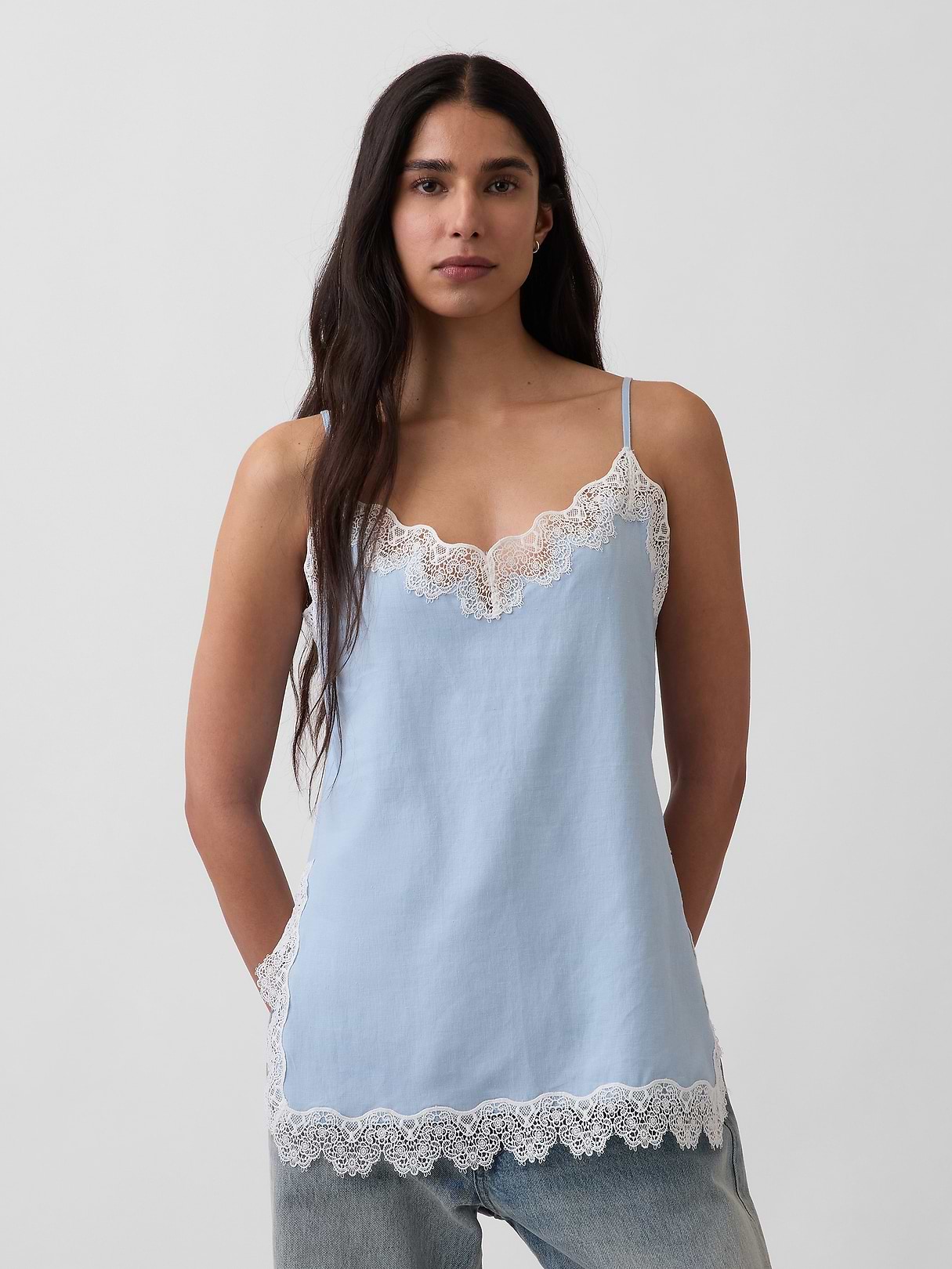 Linen-Blend Lace-Trim Cami | Gap