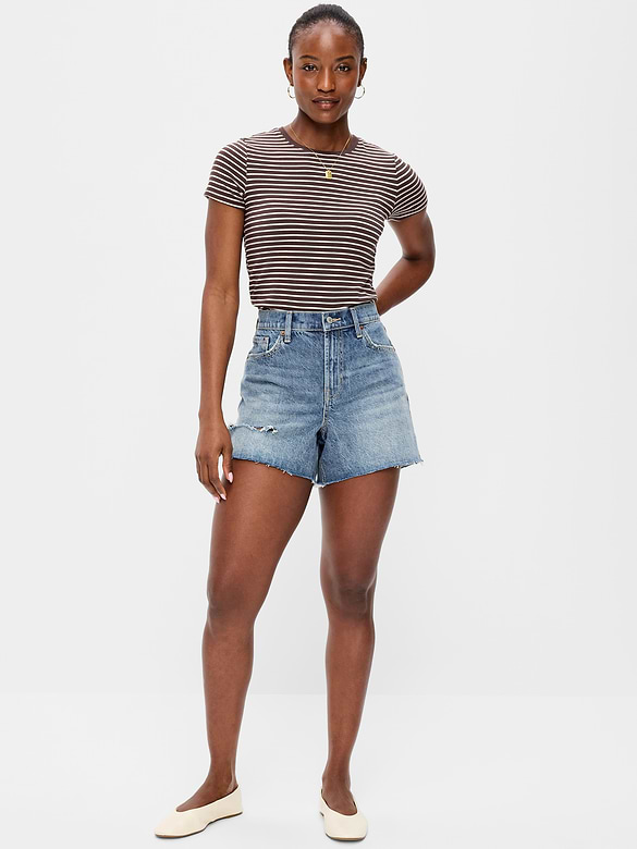 Curvy High-Waisted Baggy Jean Cut-Off Shorts -- 5-inch inseam