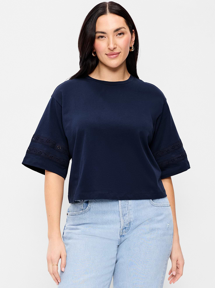 Image number 6 showing, Vintage Crew-Neck Cropped Lace-Trim T-Shirt