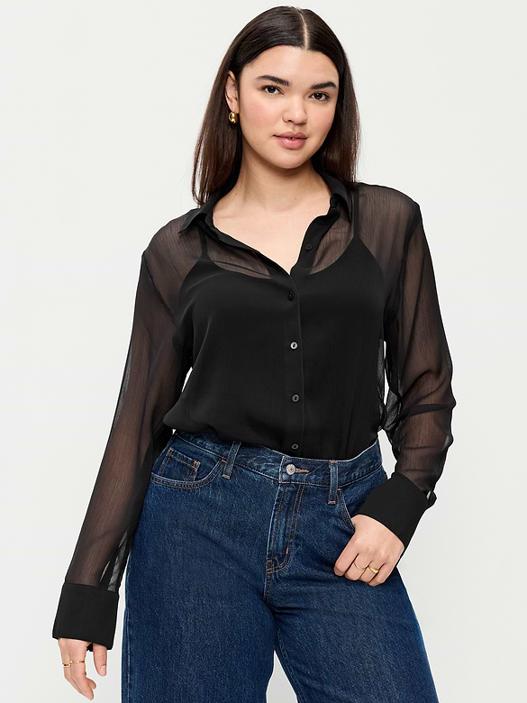 Chiffon Sheer Button-Down Shirt