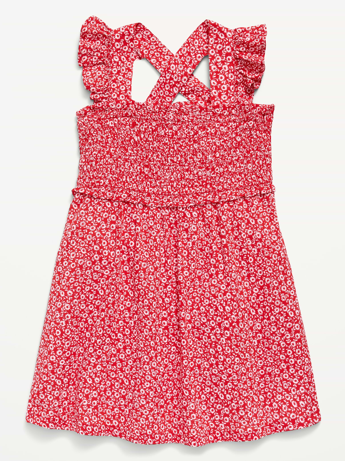 Image 1 of 1, straight ruffled neckline, wide ruffled shoulder straps, smocked bodice, cross back, full skirt, all-over print, Product #897305