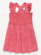 Image 1 of 1, straight ruffled neckline, wide ruffled shoulder straps, smocked bodice, cross back, full skirt, all-over print, Product #897305