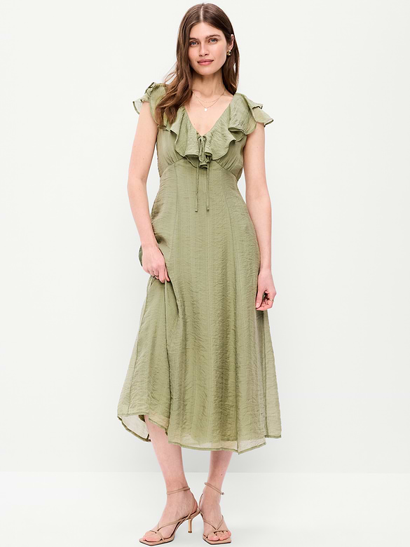 Ruffle-Sleeve Fit & Flare Midi Dress