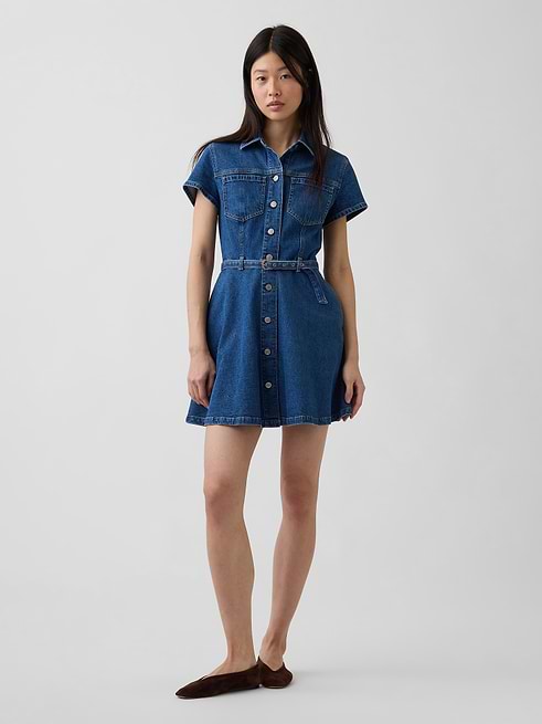 gap shirt dress blue Denim Belted Mini Shirtdress 071424 flare silhouette with an Black Asymmetrical Gown - Color:Black and Burgundy