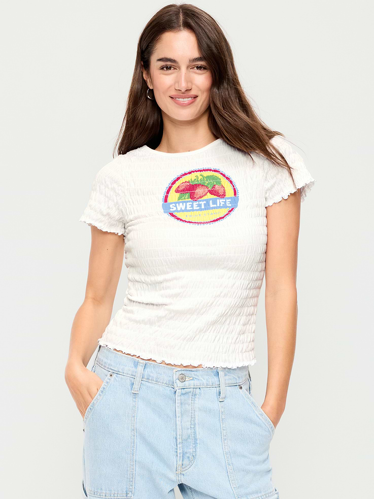 Image number 1 showing, Slit-Neck Smocked Graphic Top