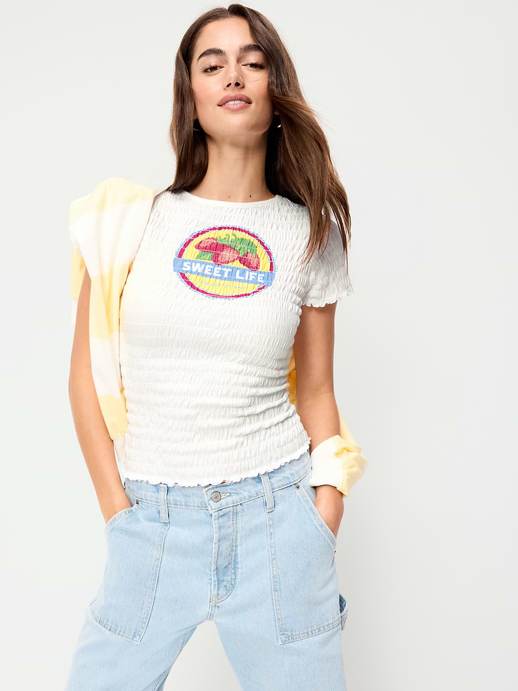 Image number 3 showing, Slit-Neck Smocked Graphic Top