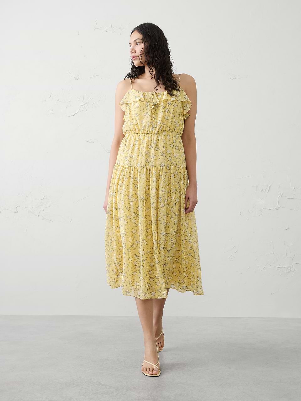 gold banana republic dress Chiffon Ruffle Midi sequin reshoots 2099