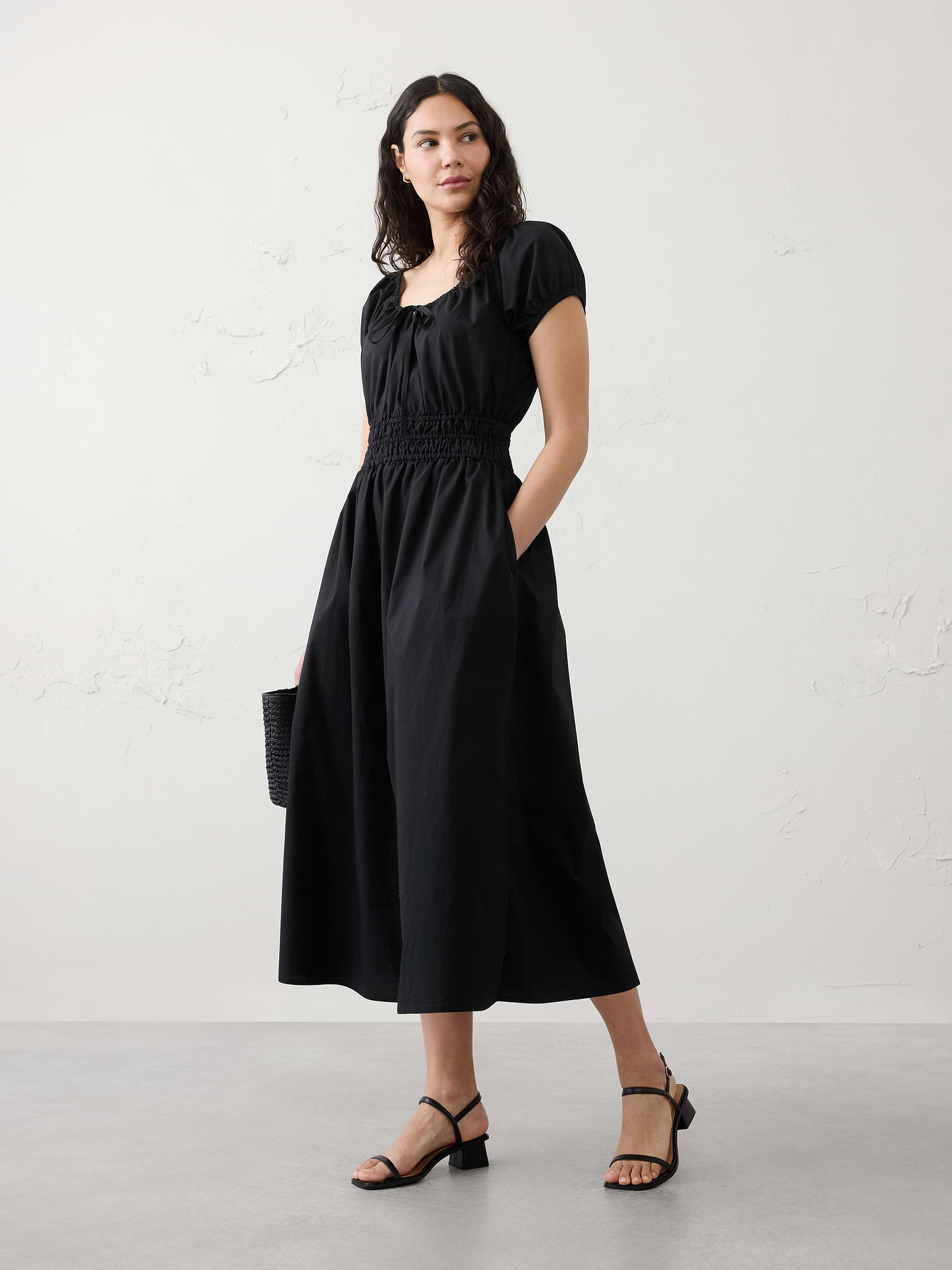 Image number 1 showing, Poplin Gathered-Neck Midi Dress