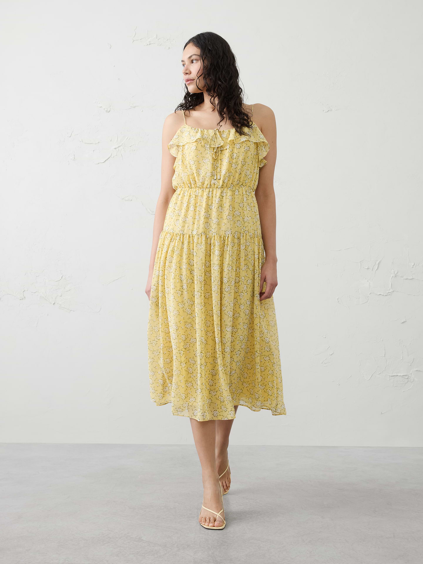 Image 1 of 4, Soft ruffled neckline with delicate gathers. Spaghetti straps., Elasticated bodice., Wide waistband panel., Gathered skirt with airy, fluid movement., Fully lined., Made exclusively for Banana Republic Factory., Product #857601