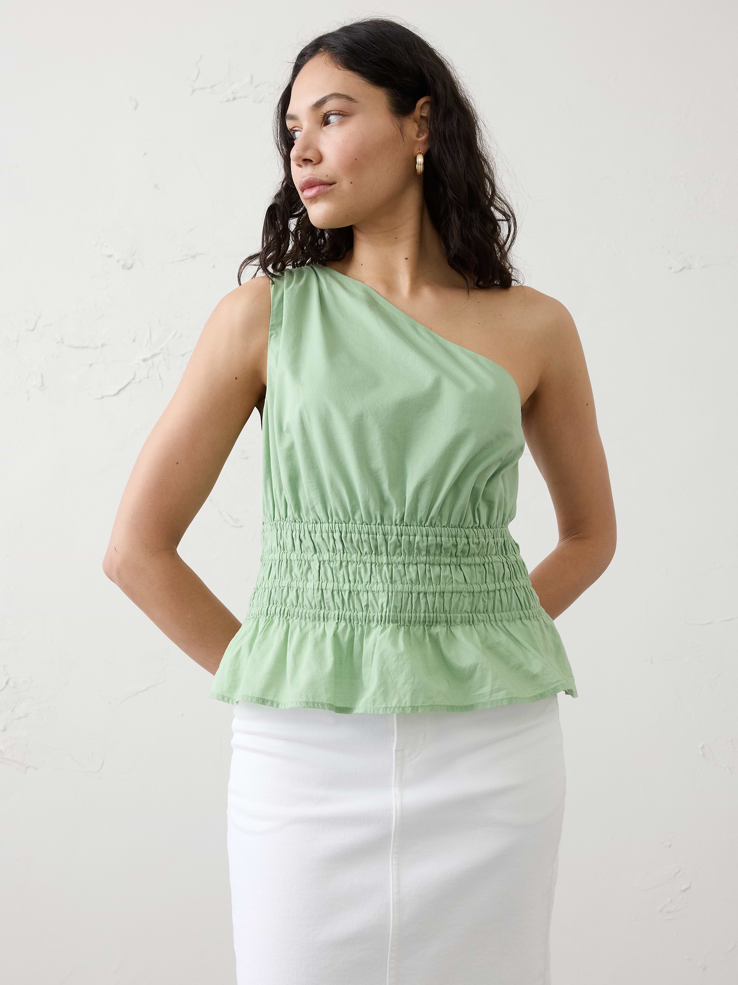Image number 1 showing, Voile One-Shoulder Smocked Top