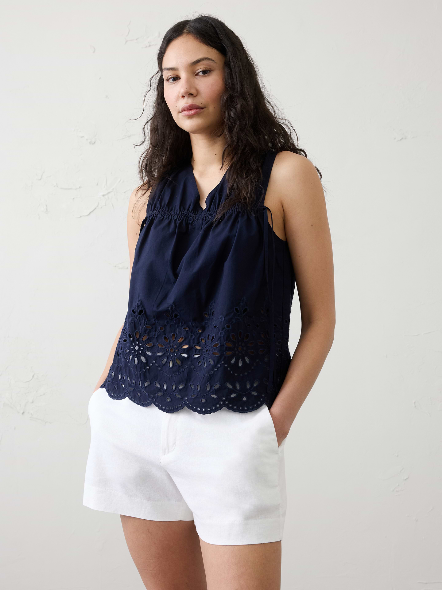 Image number 1 showing, Poplin Cinched-Ties Eyelet Top