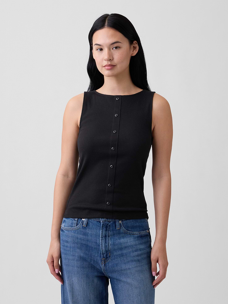 Image 1 of 5, Soft ribbed knit., Sleeveless., Round neckline, button front., Product #1175577