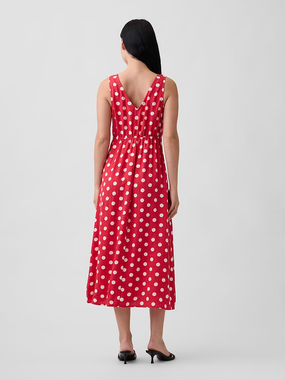 Linen-Blend V-Neck Midi Dress
