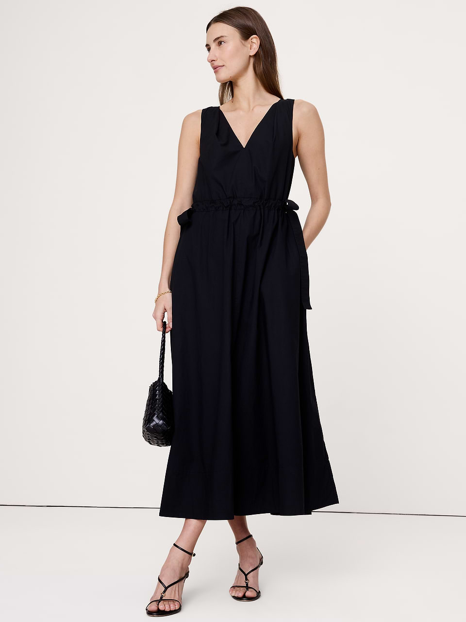 banana republic v neck dress Black V-Neck Shift with Pockets Measurements (from size 6) Twisted Shoulder Poplin Maxi Dress