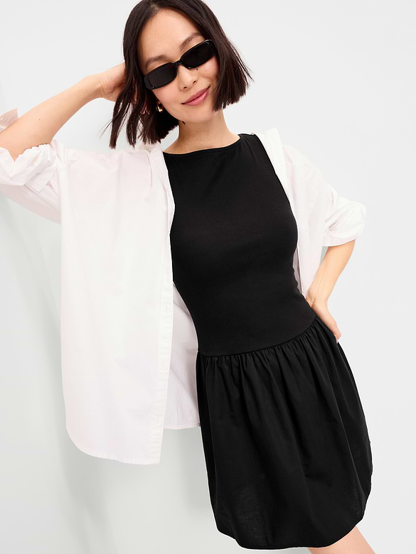 Mixed Media Drop-Waist Mini Dress