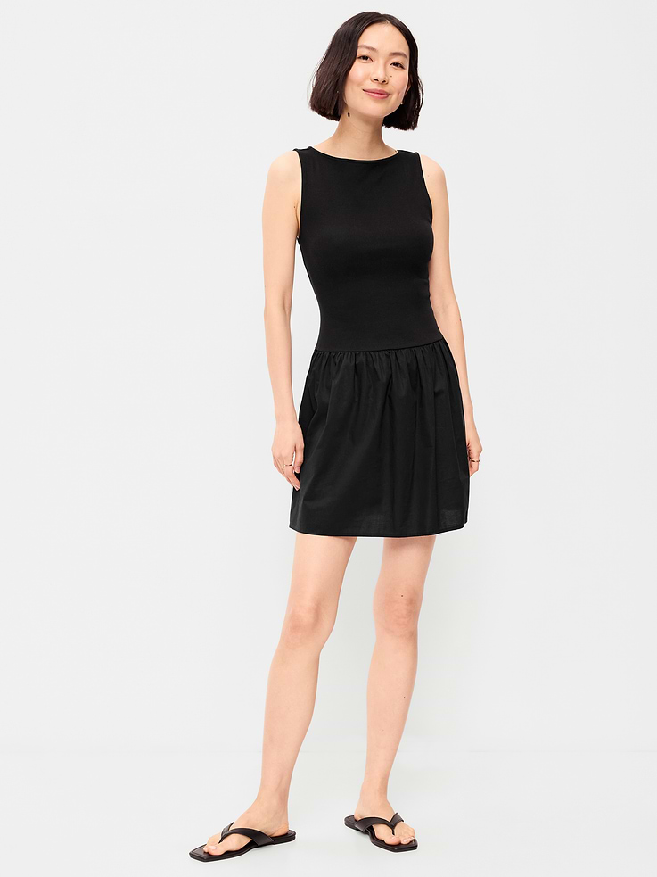 Image number 1 showing, Mixed Media Drop-Waist Mini Dress